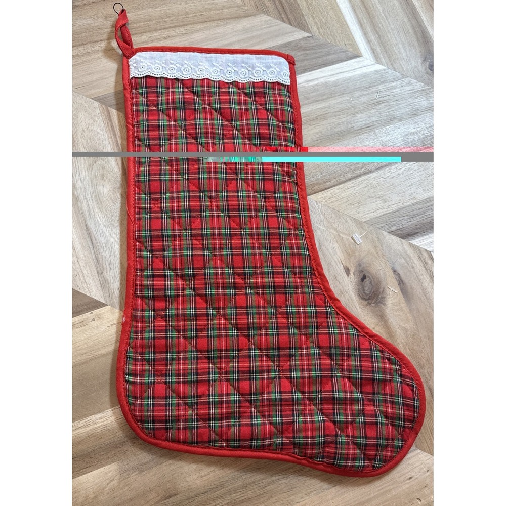 Vintage Quilted Stocking Plaid Lacey Cuff Pocket Grandma Cottage Core Scandi 14" - Picture 3 of 6